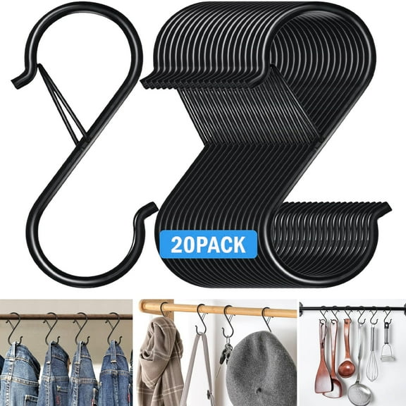 20 Pcs S Hooks for Hanging, Heavy Duty Metal S Hook with Safety Buckle, 3.5" S Shaped Hooks for Kitchen, Closet Rod, Plants Pots Towels Bags