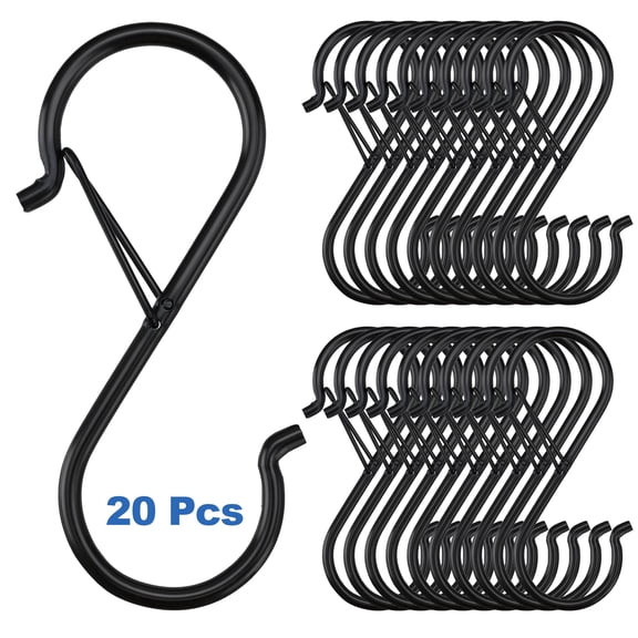 20 Pcs S Hooks for Hanging Heavy Duty,S Hook with Safety Buckle for Hanging Plants, Closet, Kitchen Utensil, Pot, Pan, Bags, Black