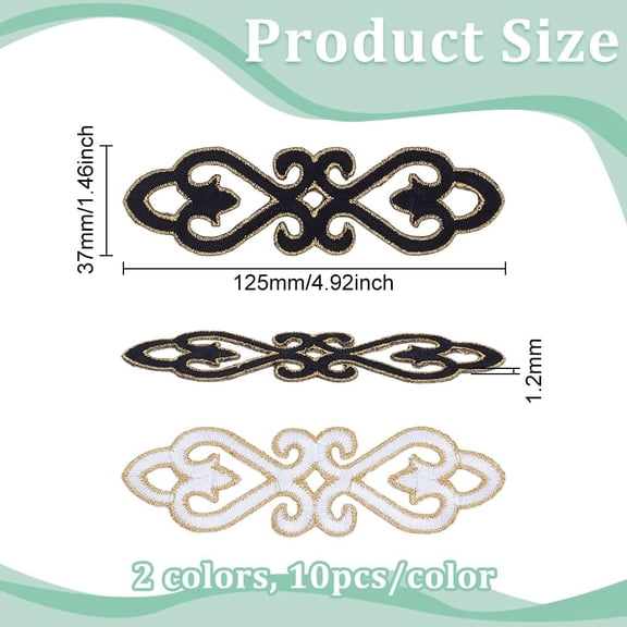 20 Pcs Scroll Trim Embroidered Applique Black White Hollow Trim Iron on Patches 1.46x4.92Inch Sew on Ribbon Patch Gold Edge Cloth Patch Clothing Repair Patch for Costume DIY