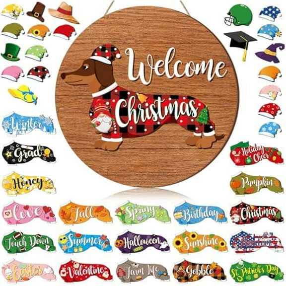 20 Pcs Seasonal Interchangeable Dachshund Door Decor Dachshund Gifts Replaceable Welcome Cute Farmhouse Front Door 4th of July Wood Home Hanger for Women Gifts Home Hanging Round Dog Decor