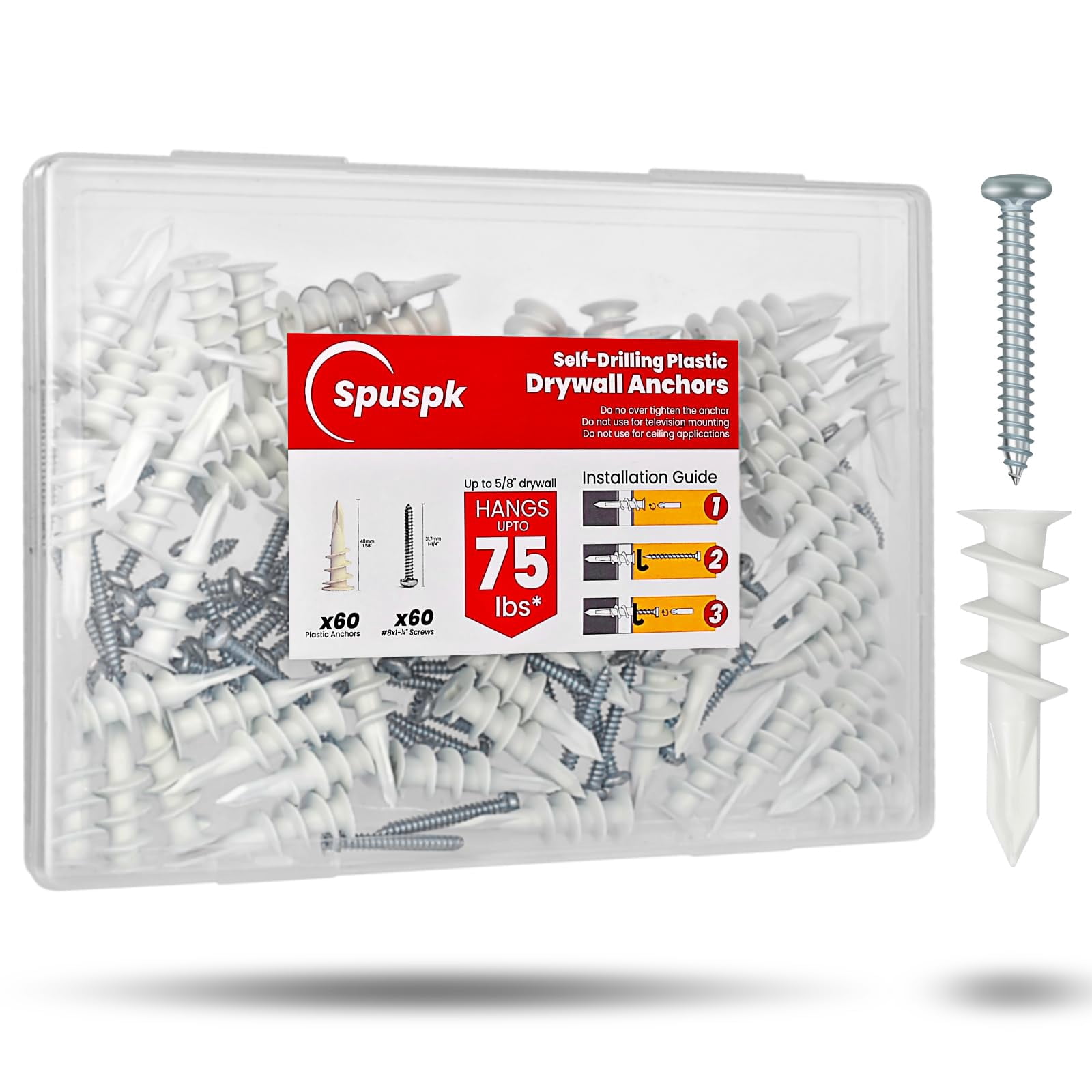 20 Pcs Self Drilling Drywall Anchors and Screws kit，#8 x 1-1/4"-Superb Wall Anchors for Drywall, Holds Upto 75lbs – No Drill Hole Required with These Drywall Anchors and Screws