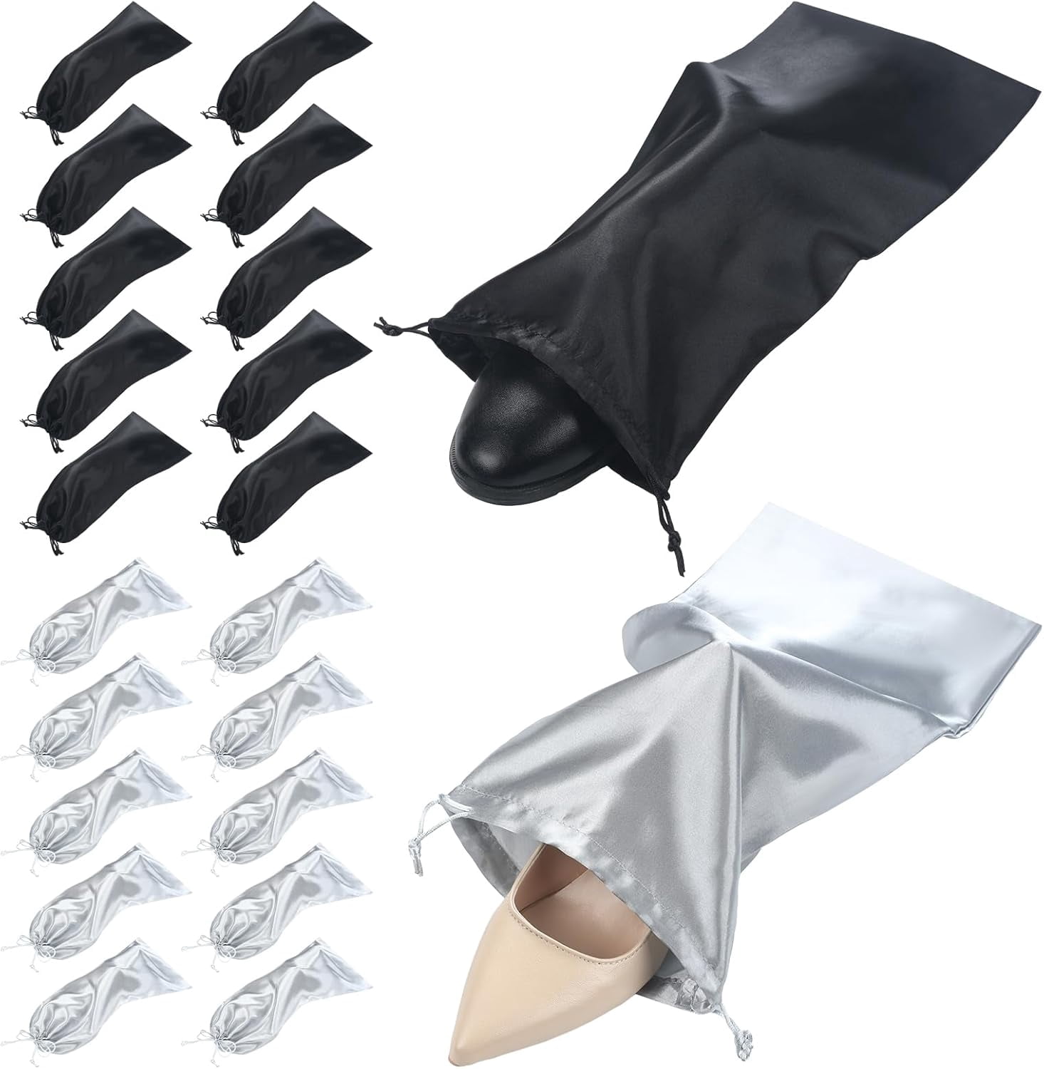 20 Pcs Shoe Bags for Travel 17.7 x 7.9 Inch Satin Shoe Bag with Drawstring for Packing in Suitcase Protecting Single Pouch Travel Dust Bags Storage Men Women, Black, Grey