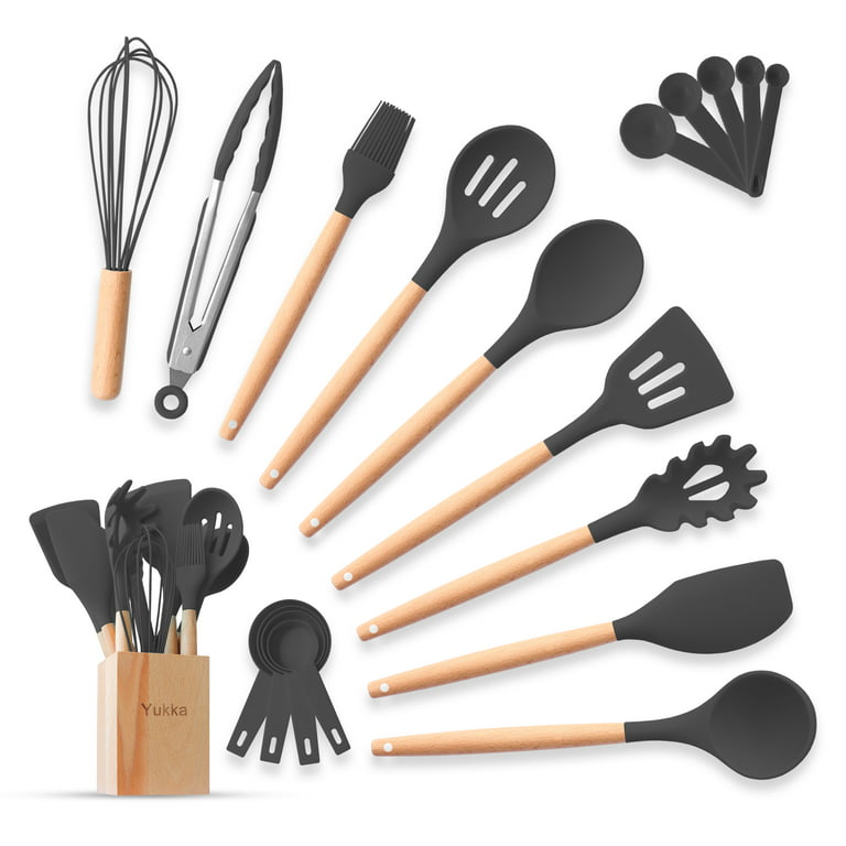 Kitchen Utensil Set - Black / Wood  Cooking utensils set, Silicone cooking  utensils, Cooking tool set