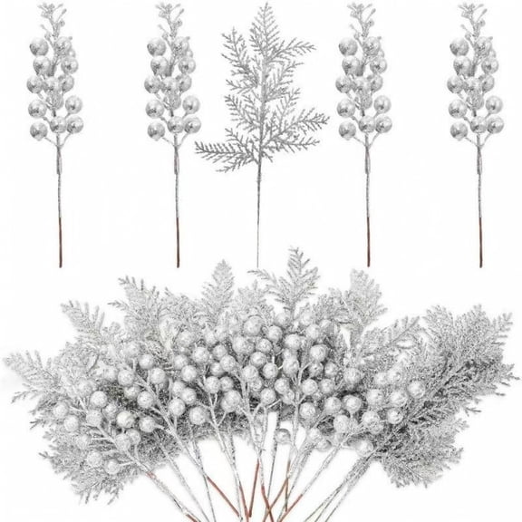 20 Pcs, Silver Faux Berry Stems Artificial Greenery Stems Christmas Picks Christmas Tree Decorations Winter Holiday Indoor Outdoor Home and Party Decor, 1 Pack