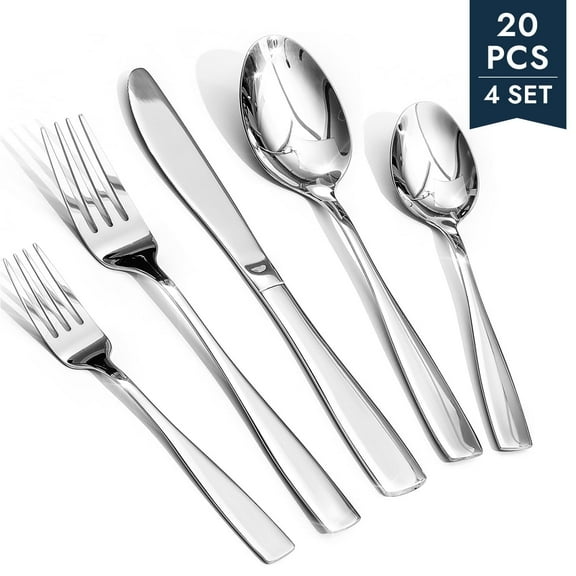 20 Pcs Silverware Set, Modern Flatware Set Service for 4, Mirror Polished, Dishwasher Safe