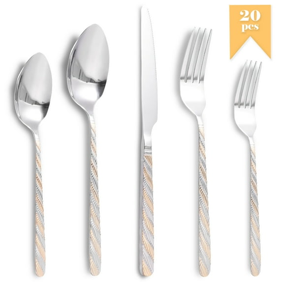 20 Pcs Silverware Set, Stainless Steel Flatware Utensil Sets for 4,Mirror Polished Cutlery Set Includes Forks Spoons Knives With Emboss Rope Handle,Dishwasher Safe