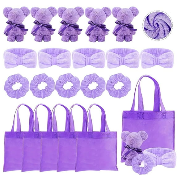20 Pcs Sleepover Party Supplies Spa Party Favors Include 5 Teddy Bear Towels 5 Headbands 5 Hair Ties 5 Gift Bags For Slumber Spa Birthday Bachelorette