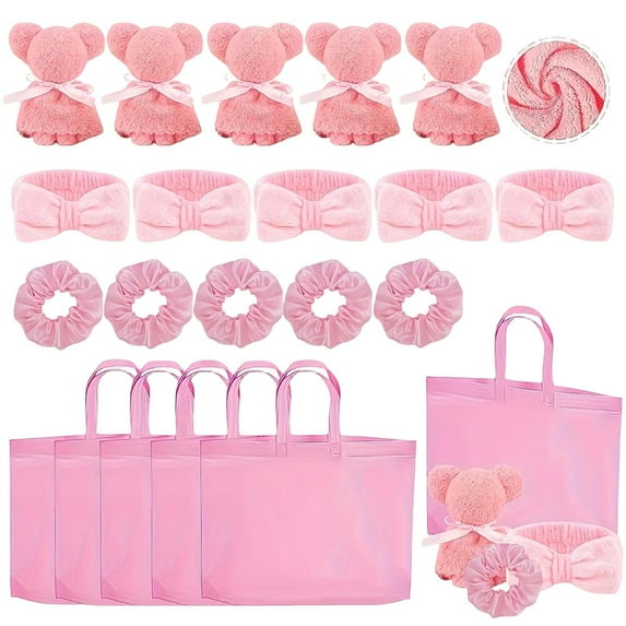 20 Pcs Sleepover Party Supplies Spa Party Favors Include 5 Teddy Bear Towels 5 Headbands 5 Hair Ties 5 Gift Bags For Slumber Spa Birthday Bachelorette