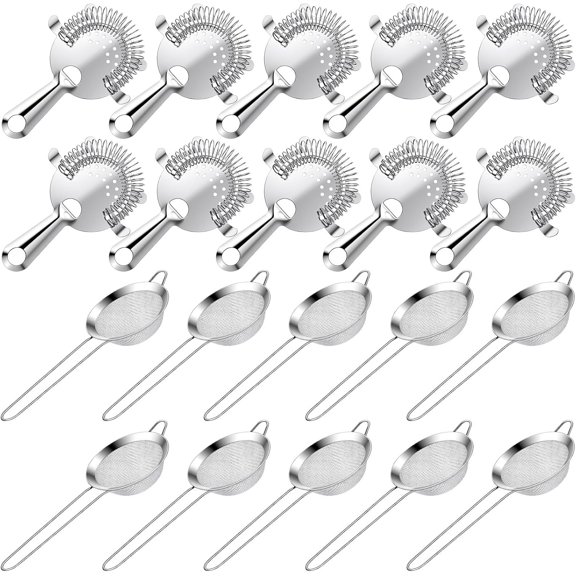 20 Pcs Stainless Steel Cocktail Strainer Bar Tool Set, 5 Pcs Hawthorne Strainer With Coil Spring & 5 Pcs 8CM Fine Mesh Cone Strainer For Bartender, Juice, Tea, Coffee, Home Bar Or Commercial Use