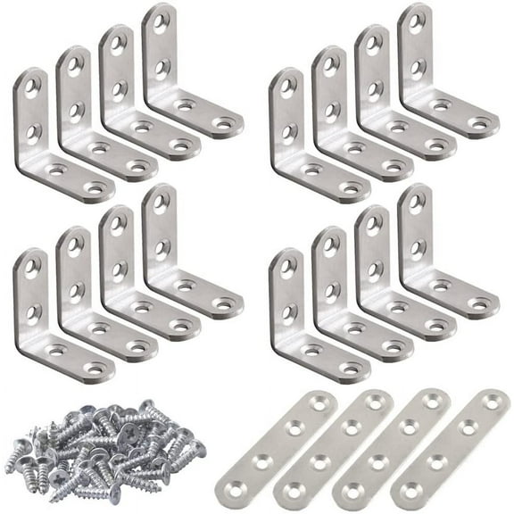 20 Pcs Stainless Steel Corner Braces,16 Pcs 40 x 40mm 90 Degree Right Angle L-Shaped Bracket Joint and 4 Pcs Plat Straight Braces Fastener for Wood Shelf Cabinet Chair Table, with 80 Screws