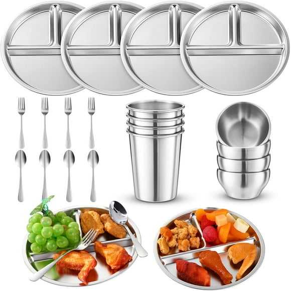 20 Pcs Stainless Steel Dishes Set 4 Stainless Steel Plates, 4 Bowls, 4 Cups, 4 Spoons, 4 Forks, Dishwasher Safe, Durable Dining Set for Home Travel Camping