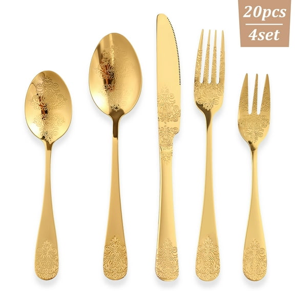 20 Pcs Stainless Steel Silverware Set with Mirror Polish Elegant Floral Engraved Flatware Set for Kitchen Dishwasher Safe Service for 4