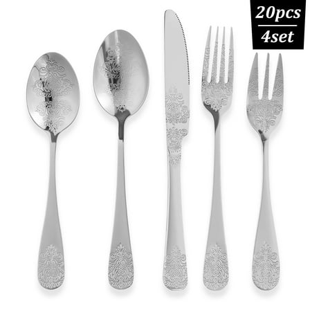 20 Pcs Stainless Steel Silverware Set with Mirror Polish Elegant Floral Engraved Flatware Set for Kitchen Dishwasher Safe Service for 4