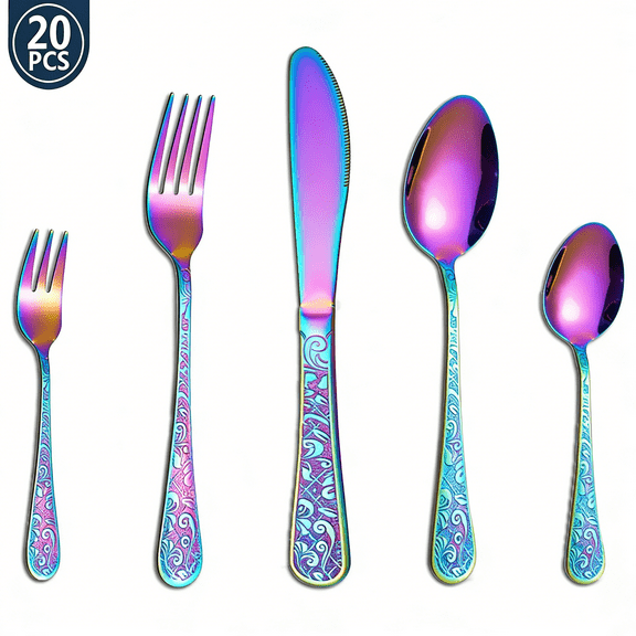 Jetcloudlive 20 Pcs Rainbow Silverware Set Mirror Polished Stainless Steel Flatware Set Stylish Including Fork Spoon and Cutter for Dining Room Event Daily Meal