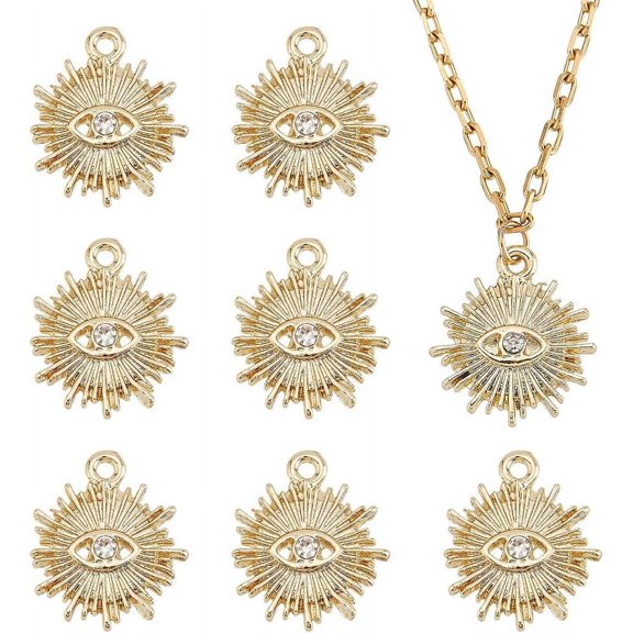 20 Pcs Sun with Eye Charms Real 18k Gold Plated Sun Pendants with Crystal Rhinestone Evil Eye Radiating Shaped Sun Charms Celestial Planet Charms
