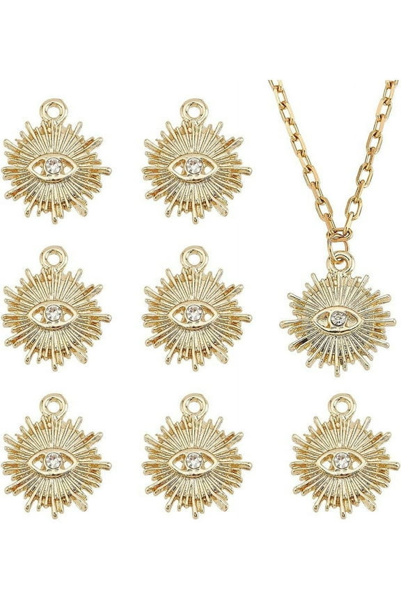 20 Pcs Sun with Eye Charms Real 18k Gold Plated Sun Pendants with Crystal Rhinestone Evil Eye Radiating Shaped Sun Charms Celestial Planet Charms