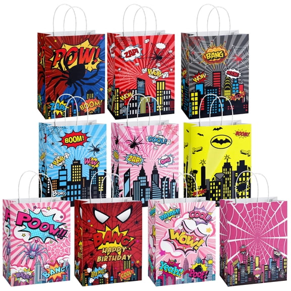 20 Pcs Super Hero Party Favors Bags Comic Hero Kraft Paper Bags Goodie Candy Treat Gift Bags with Handle Boom Hero Theme Birthday Decorations Supplies
