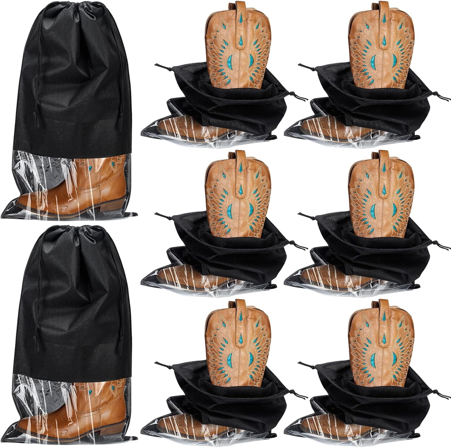 20 Pcs Tall Boot Bags for Travel Large Shoe Protector Cover with Visible Window for Packing Boot Non Woven with Rope for Storage Pouch Black Portable Shoe Organizers for Men and Women