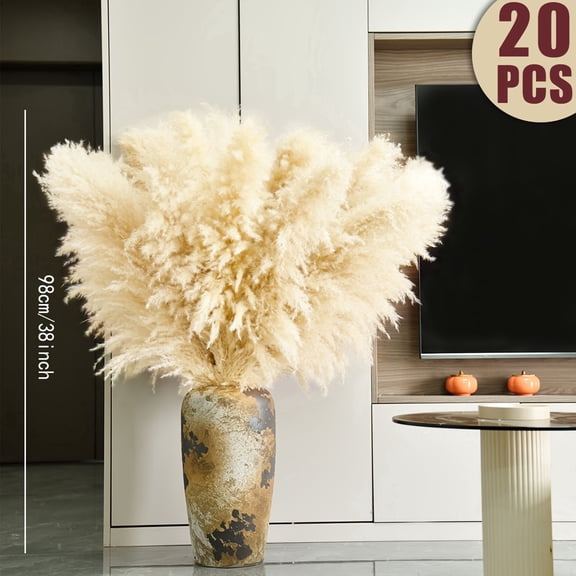 20 Pcs Tall Dried Pampas Grass Decor, 38" Large Fluffy Pompas Floral Bouquet for Floor Vase, Natural Dried Flowers for Boho Home Decor, Wedding, Party, Living Room, Cream White/Beige