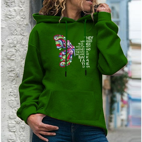2024 Fashion Winter Clothes for Women in Clearance Women's Printed Pattern Long-Sleeved Round Neck Pullover Hooded Sweatshirt Womens Gifts, Green L