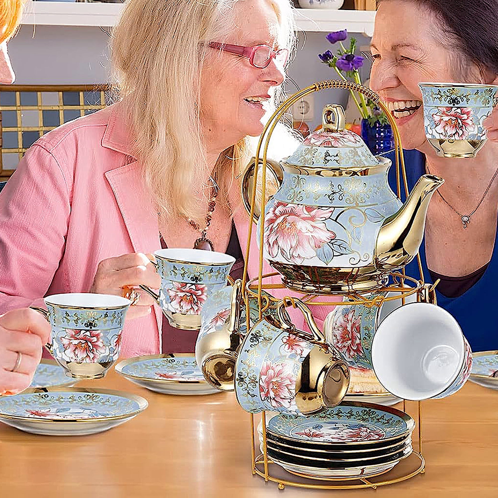 20 Pcs Ceramic Coffee Mugs Set, Luxury British Style Tea Cup Set - 6 Cups/3  fl.oz, 6 Saucers, 6 Spoons, 1 Tea Pot/15 fl.oz, 1 Stand Rack, Gold, S