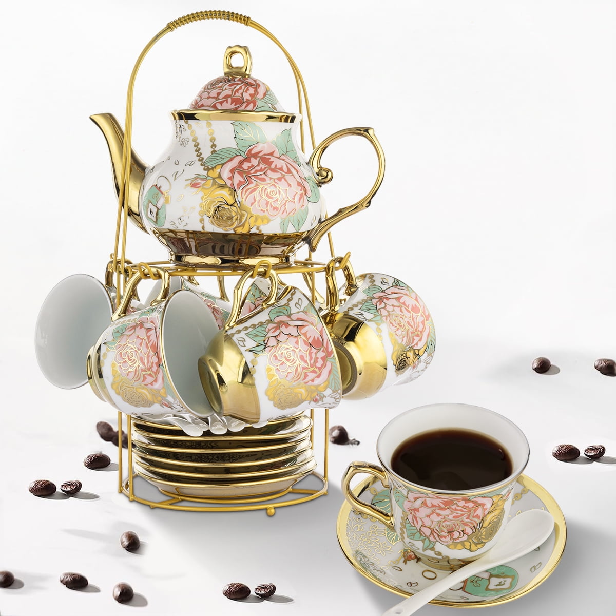 20 Pcs Ceramic Coffee Mugs Set, Luxury British Style Tea Cup Set - 6 Cups/3 fl.oz, 6 Saucers, 6 Spoons, 1 Tea Pot/15 fl.oz, 1 Stand Rack, Gold, S