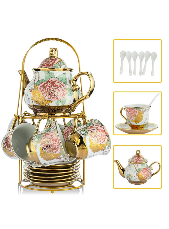 20 Pcs Tea Set,Ceramics Tea Cup Set Coffee Set with Metal Holder, Porcelain Cup Set,Gold(ANJORALA )