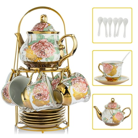 20 Pcs Tea Set,Ceramics Tea Cup Set for Adult, Coffee Cups with Metal Holder, Gold(ANJORALA )
