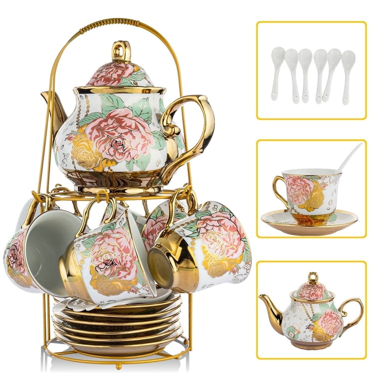 AJONALAA 20 Pcs Tea Set, Gold Ceramic Cups with Holder - Walmart.com