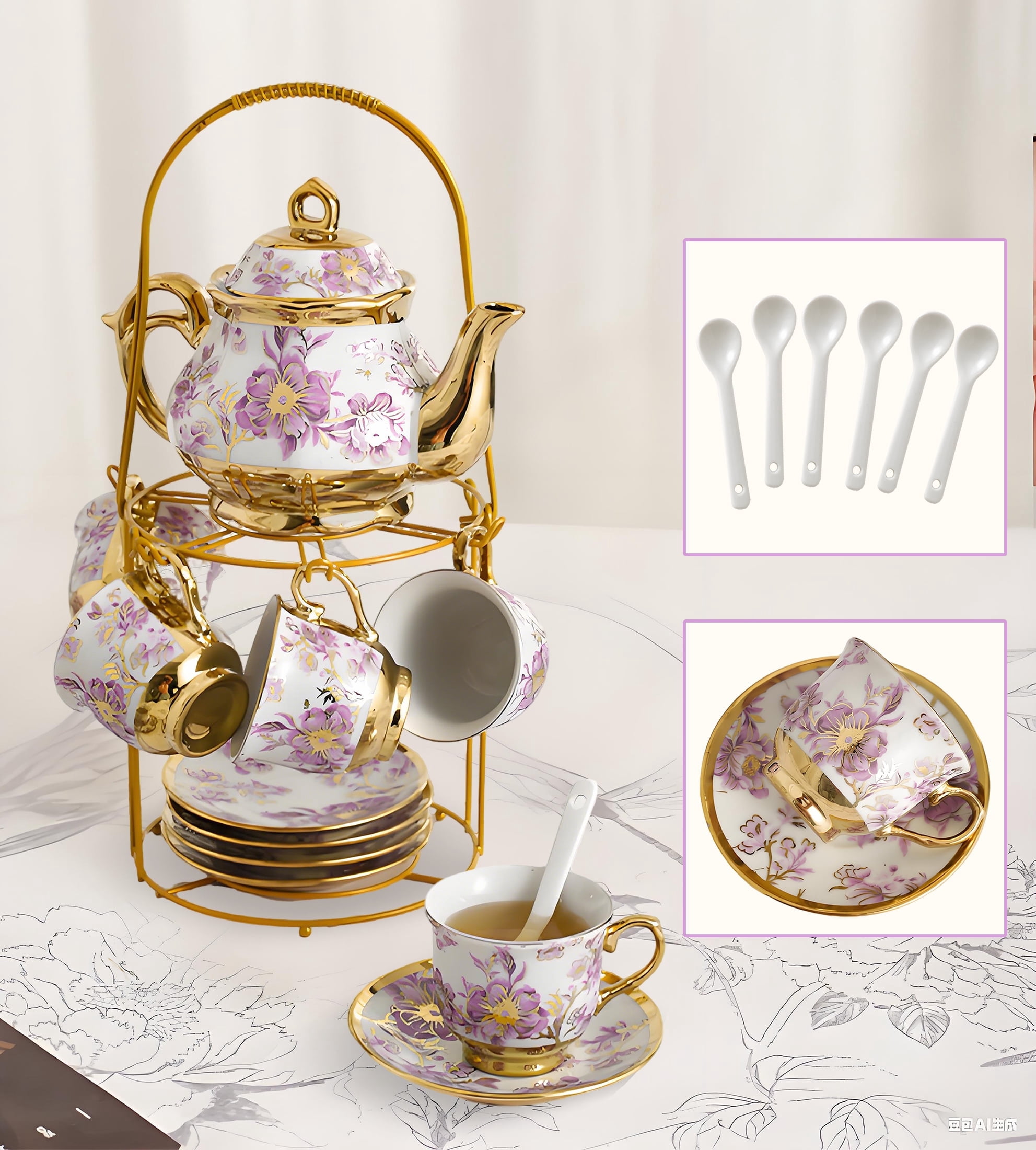 AJONALAA 20 Pcs Tea Set, Gold Ceramic Cups with Holder - Walmart.com