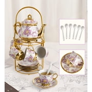 20 Pcs Tea Set,Ceramics Tea Cup Set for Adult, Coffee Cups with Metal Holder,Purple(ANJORALA)
