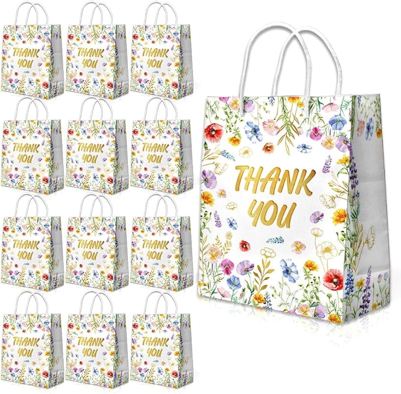 20 Pcs Thank You Party Favor Bags with Handles, Floral Design Thank You Gift Paper Bags for Birthday Baby Shower Wedding Party