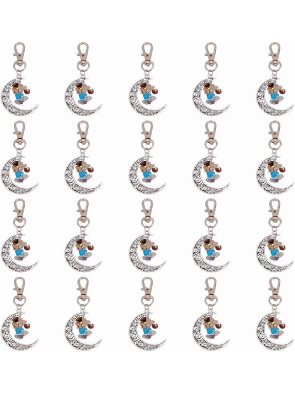 20 Pcs Tibetan Style Gemstone Keychains Moons Keyrings Hanging Ornament Natural Stone Key Chain with Alloy Lobster Claw Clasps Self Assembly