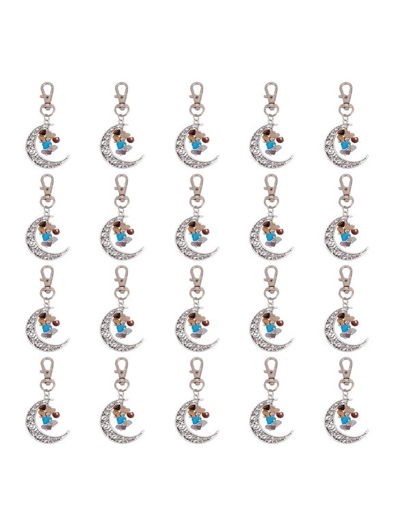 20 Pcs Tibetan Style Gemstone Keychains Moons Keyrings Hanging Ornament Natural Stone Key Chain with Alloy Lobster Claw Clasps for Jewelry Making DIY