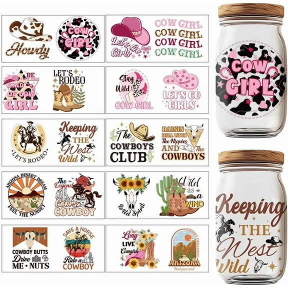 20 Pcs Transfers Stickers Rub on Transfers Western Country UV DTF Cup Wraps Decal Cowboy Cowgirl Waterproof Printing UV Transfer Paper