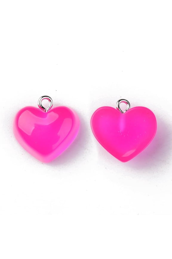 20 Pcs Transparent Resin Heart Pendants Pendants with Platinum Tone Iron Loop Deep Pink Heart Charms