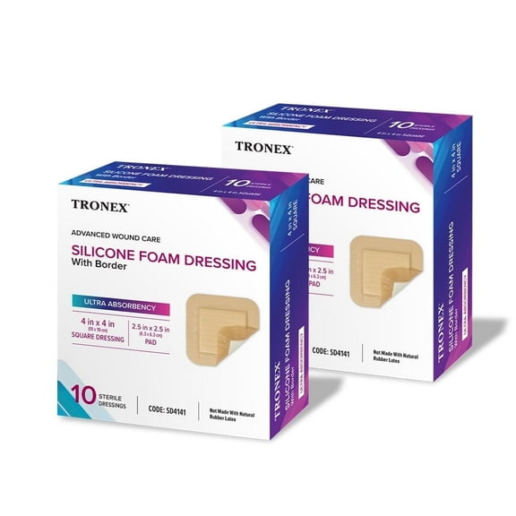 Tronex Silicone Foam Dressing 4x4, Adhesive, Waterproof, Sterile, Ultra Absorbent, Breathable, Latex Free, 20 Pack