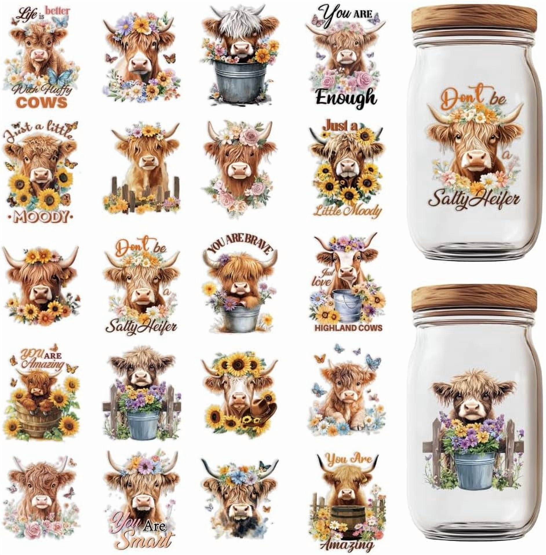 20 Pcs UV DTF Coffee Wraps 1.6x2.2 Inch Highland Cow Transfer Sticker ...