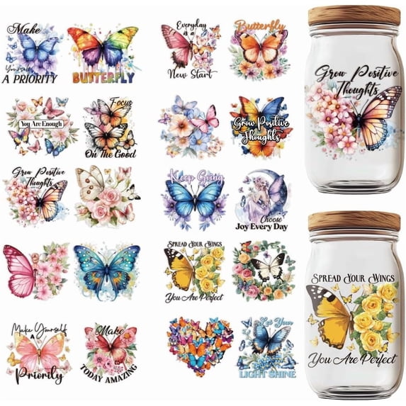 20 Pcs UV DTF Cup Wraps 10 Styles Butterfly Stickers Watercolor Flowers Rub on Decals Waterproof Transfer Stickers for 16 OZ Glass Cups Wood Crafts colorful