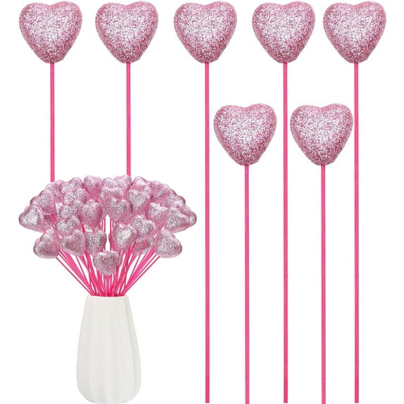 20 Pcs Valentine's Day Heart Shaped Picks,Happon Wooden Floral Heart Picks,Pink Glittered Heart Picks for Valentine Wedding Gifts Home Vase Filler Decor Party Supplies