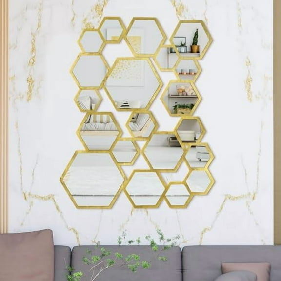 20 Pcs Wall Decor Mirror Gold Hexagon Mirror Modern Wooden Framed Wall Mirror Removable Acrylic Mirror Wall Art Honeycomb Mirror for Home Living Room Bedroom Decoration, 31.5 x 21.6 in