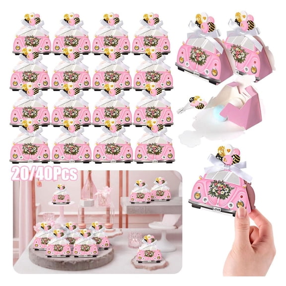 20 Pcs Wedding Party Favor Treat Boxes Unique Pink Wedding Car Design Gift Box with Ribbon Mini Chocolate Candy Gift Wrapping Boxes for Bridal Shower Wedding Party Table Decoration Supplies