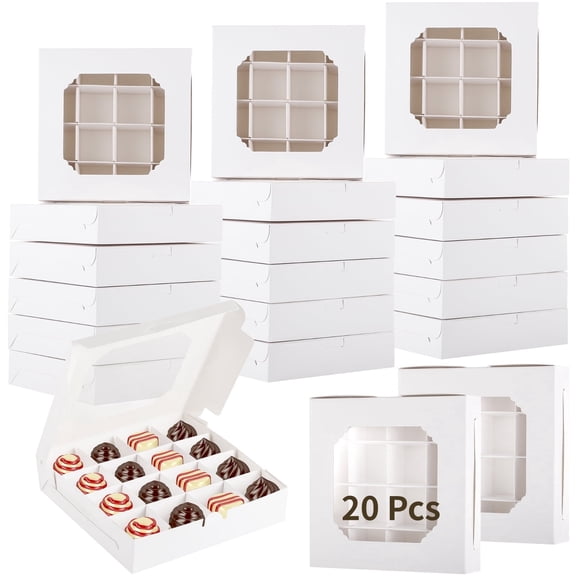 20 Pack White Bakery Boxes with Clear Window & Removable Dividers 16-Compartment Dessert Containers, Pick & Mix Sweet Boxes for Weddings, Parties & Takeout, Sturdy Cardboard