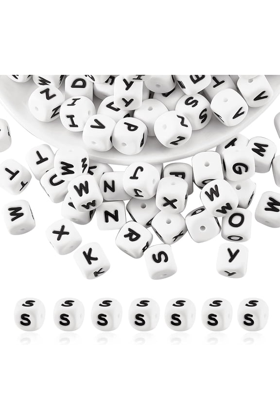 20 Pcs White Cube Letter S Silicone Beads 12x12x12mm Square Dice Alphabet Beads with 2mm Hole Spacer Loose Letter Beads for Bracelet Necklace Jewelry Making(Letter S)