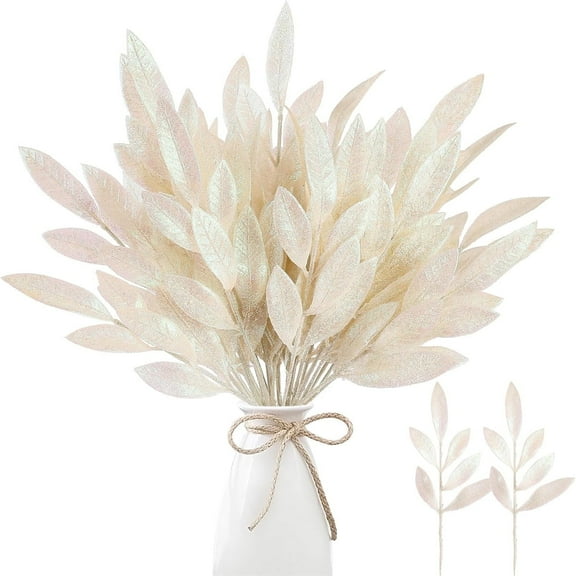 20 Pcs White Fake Plants Sparkling Leaves,Glitter Christmas Picks and Sprays,Christmas Tree Branches Ornaments,Artificial Leaves Decoration for Christmas Tree,Decorative Glitter Sticks for Vase