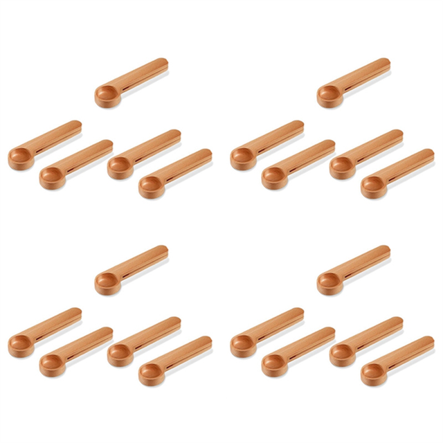 20 Pcs Wooden Coffee Scoop and Bag Clip Measure Spoon 2In1 Bags
