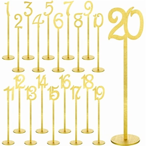 20 Pcs Wooden Table Numbers 1-20 Gold, 13.78 x 3.07 in Elegant Glitter Table Numbers, Laser Cut Wood with Polished Surface, Sturdy Base for Weddings, Banquets, Events
