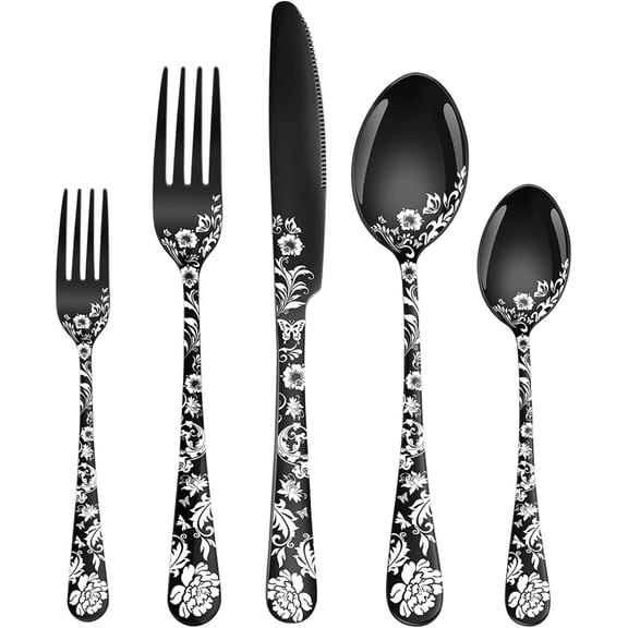 20- Peony Flower Design Silverware Set, Stainless Steel Flatware Set for 4, Black Cutlery, Mirror Polished Utensils, Dishwasher Safe