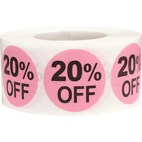 20% Percent Off Stickers Pink 1 Inch Round Circle Dots 500 Adhesive Labels