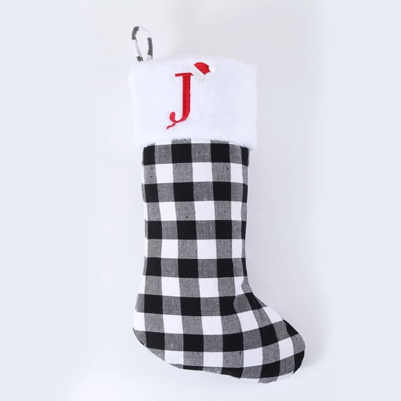 20" Personalized Christmas Stocking with Plush Cuff, Soft Velvet & Black White Buffalo Plaid, Embroidered Initial Monogram Letter Xmas Stocking for Family Fireplace Decor